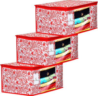 KUBER INDUSTRIES Saree Cover Designer Leaf Design 3 Piece Non Woven Fabric Saree Cover Set with Transparent Window, Extra Large, Red-CTKTC31916 CTKTC031916(Red)