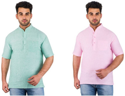 DESHBANDHU KHADI Men Self Design Straight Kurta(Green, Pink)