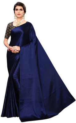 RENSILAFAB Embroidered, Solid/Plain Bollywood Pure Silk Saree(Dark Blue)