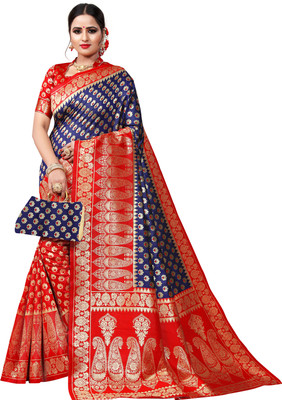 Krishna R Fashion Woven Bollywood Poly Crepe Saree(Dark Blue, Maroon)