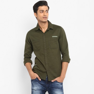 mufti-men-self-design-casual-dark-green-shirt