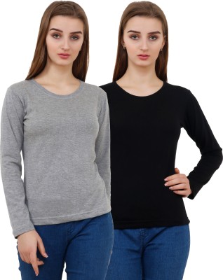 Reifica Solid Women Round Neck Black, Grey T-Shirt