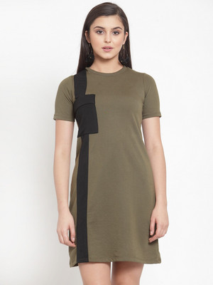 KASSUALLY Women T Shirt Green, Black Above Knee/Mid Thigh Length Dress