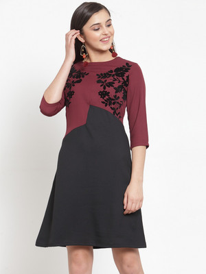 KASSUALLY Women A-line Maroon, Black Above Knee/Mid Thigh Length Dress