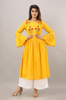 JAIPUR VASTRA Women Embroidered A-line Kurta(Yellow)