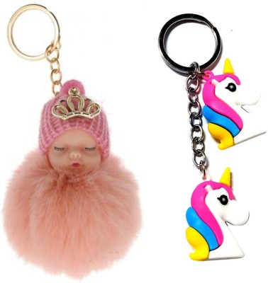 ShopTop Stylish Cute Sleeping Baby Design Fluffy Faux Fur Pom Pom Key chain Key Chain