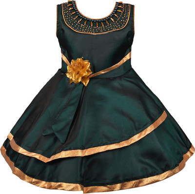 Wishkaro Girls Midi/Knee Length Party Dress(Green, Sleeveless)