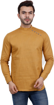 F2M Men Solid Straight Kurta(Beige)
