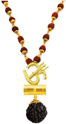 Shiv Jagdamba Lord Shiva Om Trishula Damaru Locket With Puchmukhi Rudraksha Mala Gold-plated Plated Brass, Wood Chain