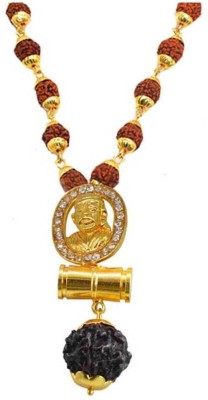 Shiv Jagdamba Religious Jewelry Cubic Zironium Lord Shirdi Sai Baba Locket With Golden Cap Panchmukhi Rudhrasha Mala Gold-plated Plated Brass, Wood Chain