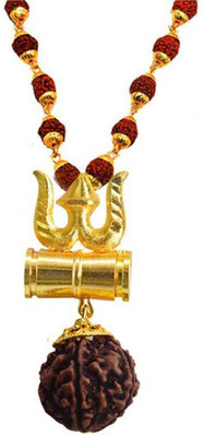 Shiv Jagdamba New Arrival Loard Shiv Trishul Damru Locket With Puchmukhi Rudraksha Mala Gold-plated Plated Brass, Wood Chain