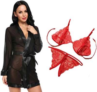 Lovie's Accessories Women Robe and Lingerie Set(Black, Red)