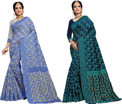 Aksh Fashion Woven Jamdani Cotton Silk Saree(Pack of 2, Multicolor)