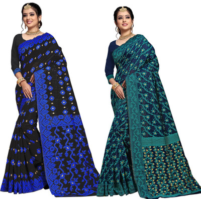 Aksh Fashion Woven Jamdani Cotton Silk Saree(Pack of 2, Multicolor)