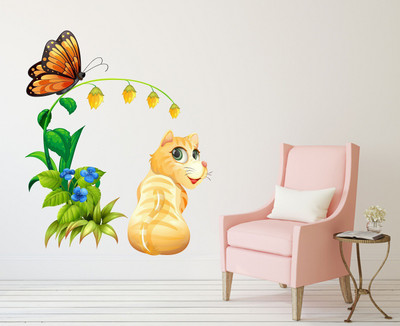 Littlebuds 70 cm Cat With Butterfly Removable Sticker(Pack of 1)
