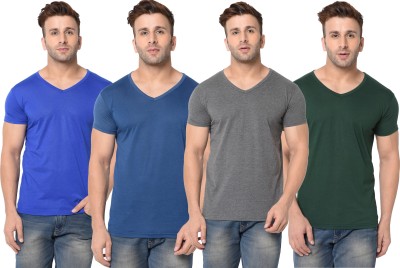 Adorbs Self Design, Solid Men V Neck Dark Green, Blue, Grey T-Shirt