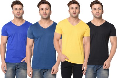 Unite Wear Solid Men V Neck Dark Blue, Black, Yellow T-Shirt