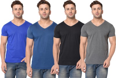 Unite Wear Self Design, Solid Men V Neck Blue, Black, Grey T-Shirt