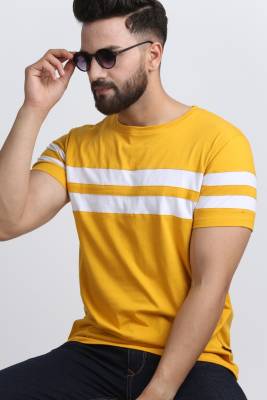 Striped Men Round Neck Yellow T-Shirt