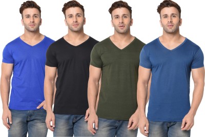 Jangoboy Self Design, Solid Men V Neck Dark Green, Blue, Black T-Shirt