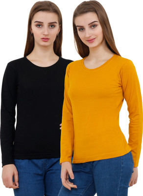 Reifica Solid Women Round Neck Black, Yellow T-Shirt