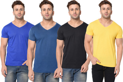 Adorbs Solid Men V Neck Blue, Black, Yellow T-Shirt