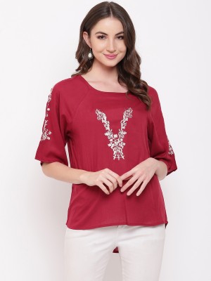 MAYRA Casual Half Sleeve Embroidered Women Maroon Top