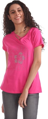 U.S. POLO ASSN. Printed Women V Neck Pink T-Shirt