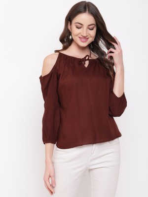 MAYRA Casual 3/4 Sleeve Solid Women Brown Top