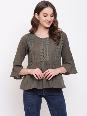 MAYRA Casual 3/4 Sleeve Solid Women Dark Green Top