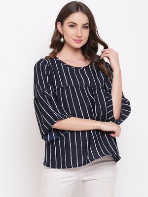 MAYRA Casual Bell Sleeve Striped Women Blue Top