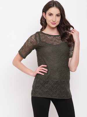 MAYRA Casual Half Sleeve Lace Women Dark Green Top