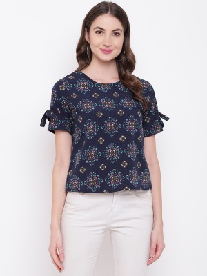 MAYRA Casual Short Sleeve Printed Women Blue Top