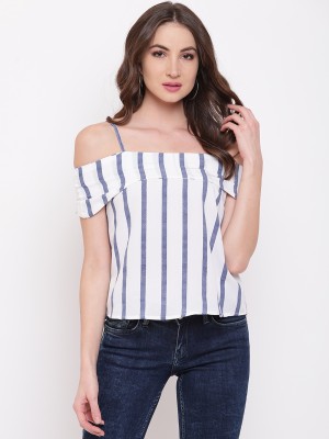 MAYRA Casual Short Sleeve Striped Women White Top