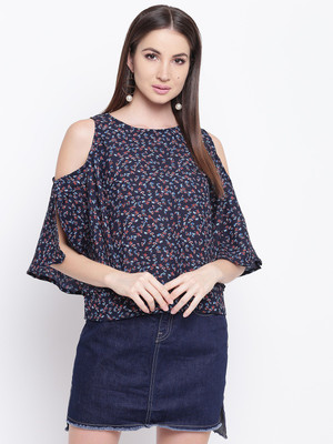 MAYRA Casual Bell Sleeve Striped Women Blue Top