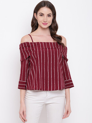 MAYRA Casual 3/4 Sleeve Striped Women Maroon Top