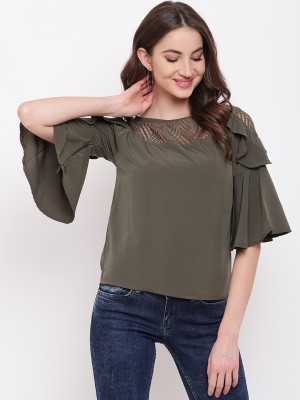 MAYRA Casual Bell Sleeve Self Design Women Dark Green Top