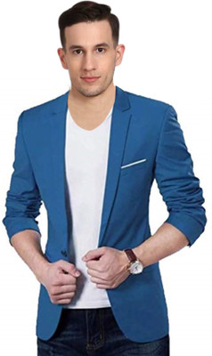 One Click Solid Single Breasted Casual Men Blazer(Blue)