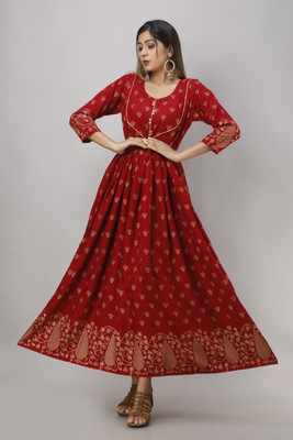 Surhi Women Printed Flared Kurta(Maroon)