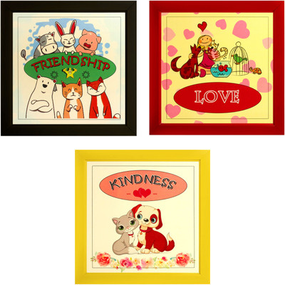 Indianara Set of 3 Friendship Love Kindness Paintings (2526) Without Glass 9.5 x 9.5 inch Each Digital Reprint 9.5 inch x 9.5 inch Painting(With Frame, Pack of 3)