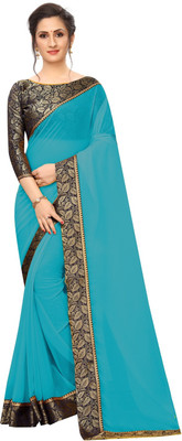 Online Bazaar Solid/Plain Daily Wear Georgette, Chiffon Saree(Light Blue)