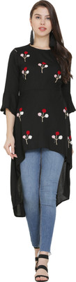 Micro Mount Casual 3/4 Sleeve Embroidered Women Black Top
