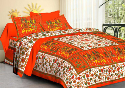 Home@shop Cotton Double Flat 104 TC Printed Bedsheet(Pack of 1, Orange)