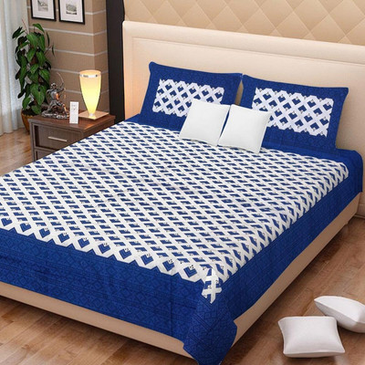 Home@shop 180 TC Cotton Double Printed Flat Bedsheet(Pack of 1, Blue)