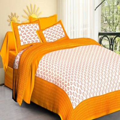 E ELMA Cotton Double Flat 250 TC Printed Bedsheet(Pack of 1, Yellow)