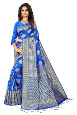 Kanooda Prints Woven Banarasi Jacquard Saree(Blue)