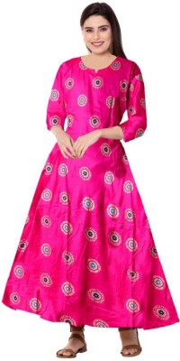 SILVER ORGANISATION Women Printed Flared Kurta(Gold, Pink)