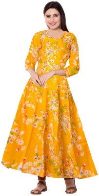 Khushi Print Women Printed, Solid Flared Kurta(Yellow)