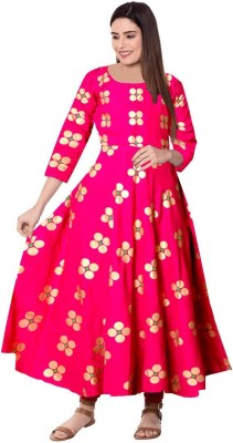 Khushi Print Women Printed Flared Kurta(Gold, Pink)