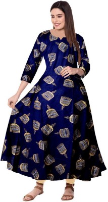 Khushi Print Women Printed Flared Kurta(Dark Blue, Gold)